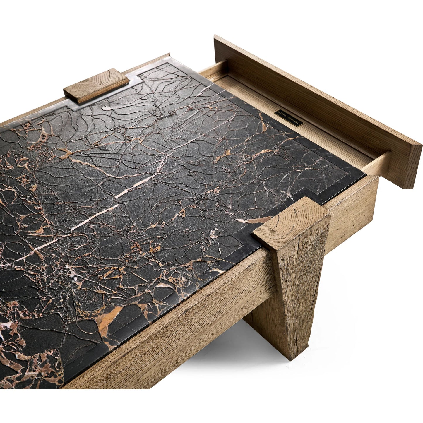 009 SI-2462590 | Closeup | Echo Canyon Marble Rectangular Cocktail Table by Jonathan Charles in faded oak. Made from oak veneer in a cottage & farmhouse style.