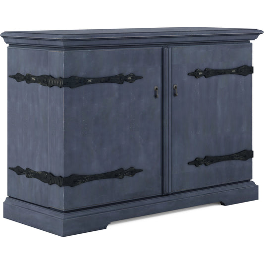 Alcove Bar Cabinet by A.R.T. Furniture in slate blue. Made from acacia solids, maple veneers, metal in a transitional style.