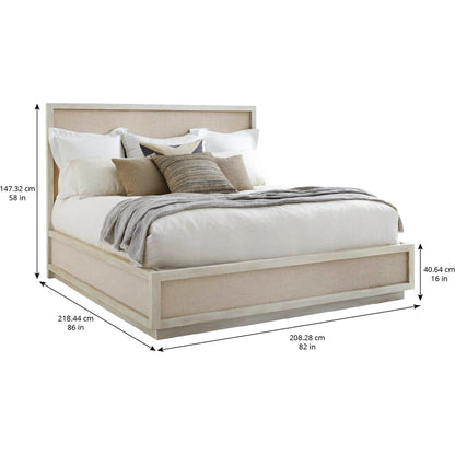 Cotiere Panel Bed by A.R.T. Furniture in beige and linen. Made from parawood solids, mixed split cathedral and quarter white oak veneers, fabric in a modern style.