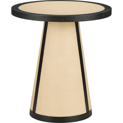 Deanna Raffia Accent Table by Currey and Company in ivory, black, clear. Made from raffia, okume veneer, tempered glass in a modern style.