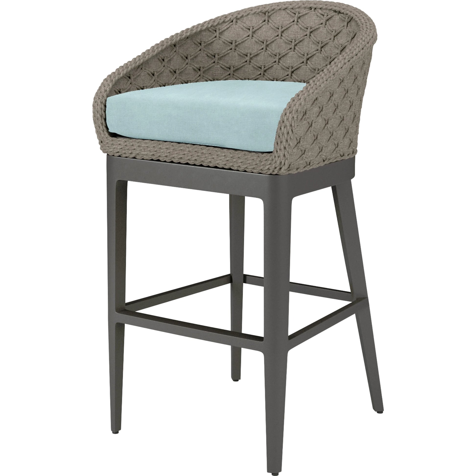 Marbella Outdoor Barstool by Sunset West in graphite. Made from olefin rope in a modern style.