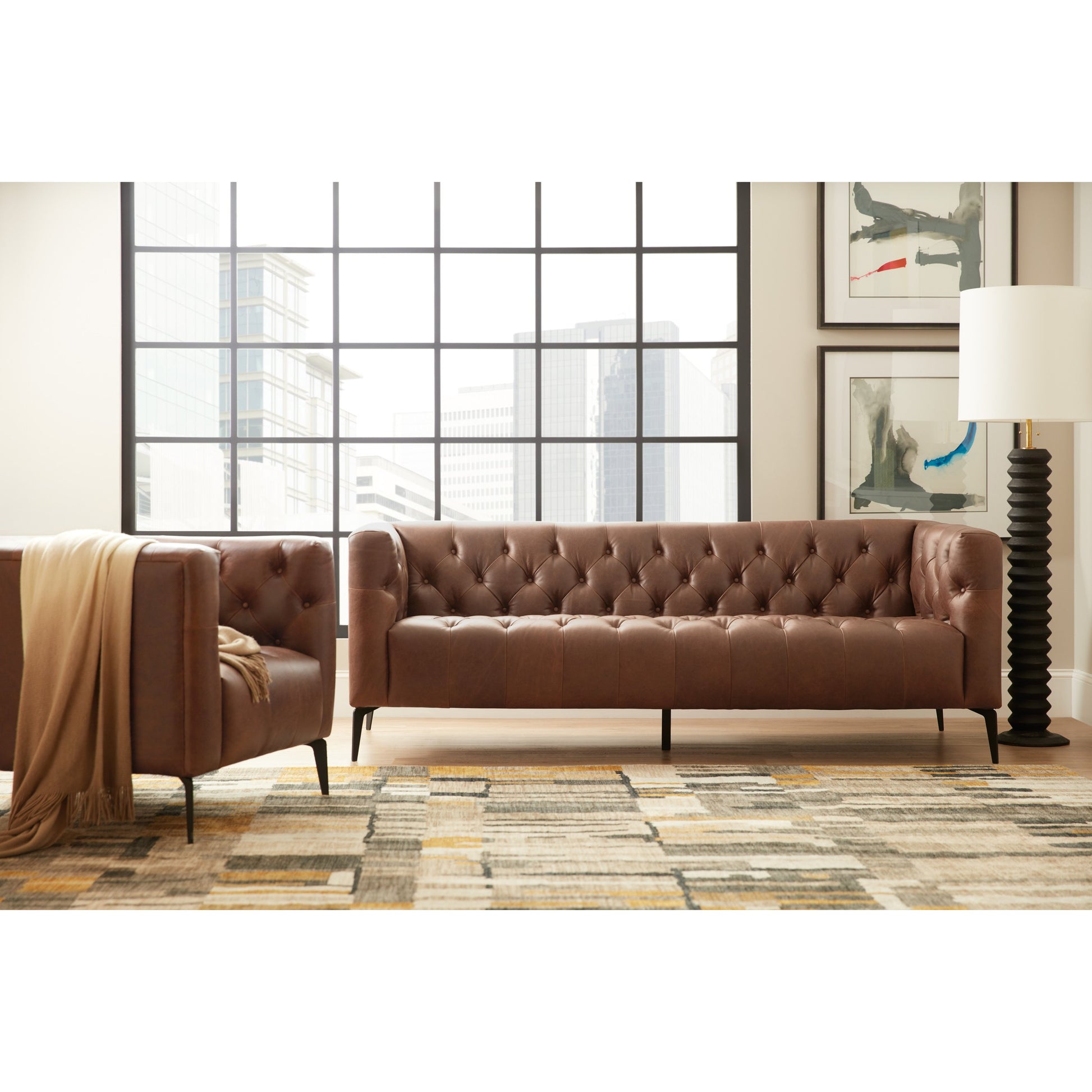 Nicolla Sofa by Hooker Furniture in brown and saddlebag lodge. Made from leather in a modern style.