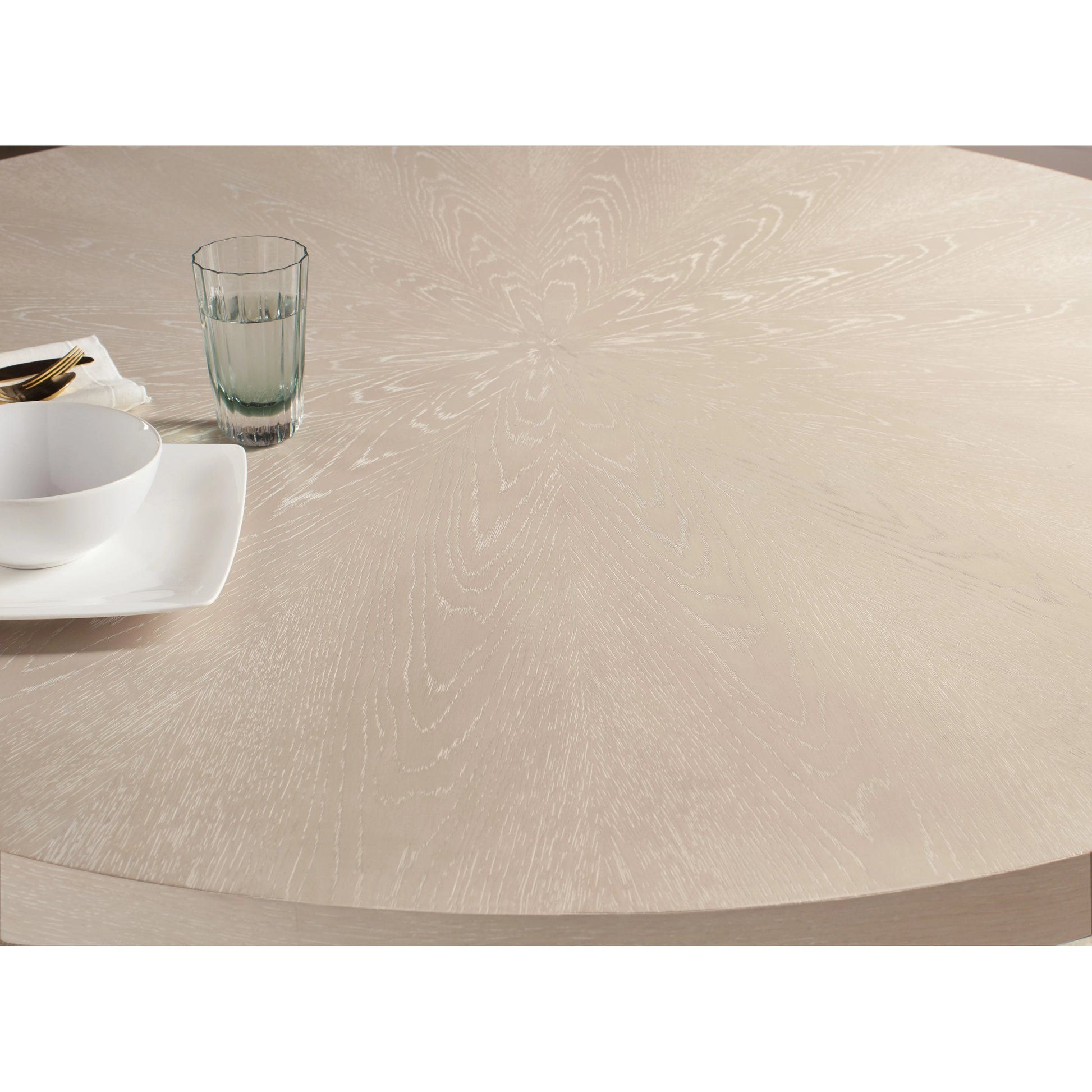 Nouveau Chic Round Pedestal Dining Table by Hooker Furniture in sandstone. Made from oak veneers, resin in a modern style.