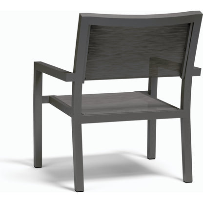 Vegas Outdoor Stackable Sling Club Chair by Sunset West in graphite. Made from aluminum in a modern style.