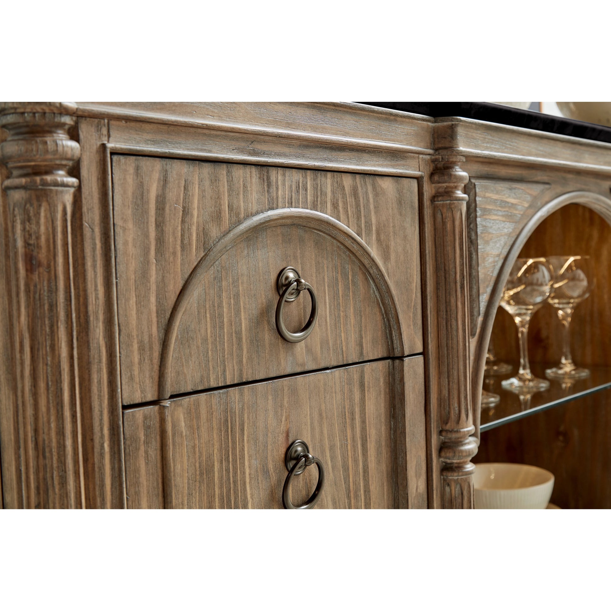 Architrave Server by A.R.T. Furniture in almond. Made from pine solids and veneer, glass, granite, metal in a traditional style.
