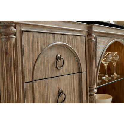 Architrave Server by A.R.T. Furniture in almond. Made from pine solids and veneer, glass, granite, metal in a traditional style.