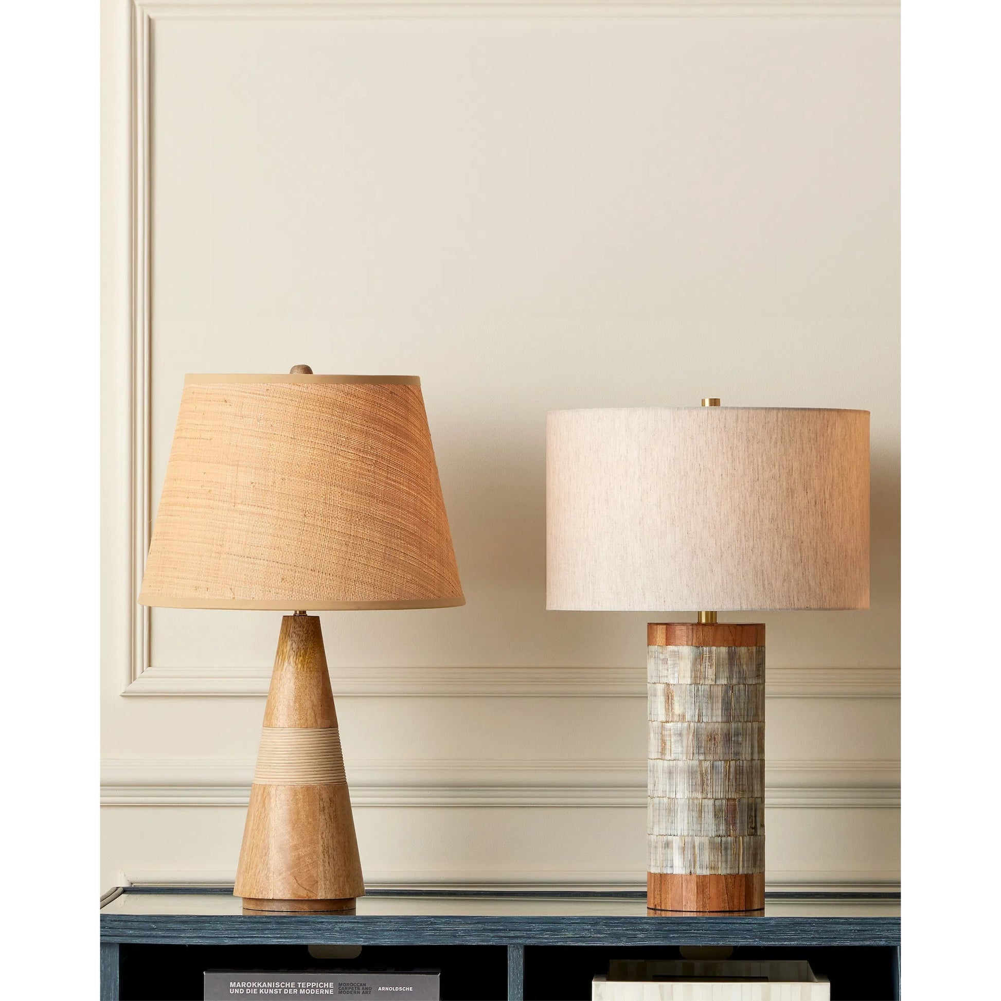 Hyson Table Lamp by Currey and Company in natural, brass. Made from wood, horn, composite, engineered hardwood, metal in a modern style.