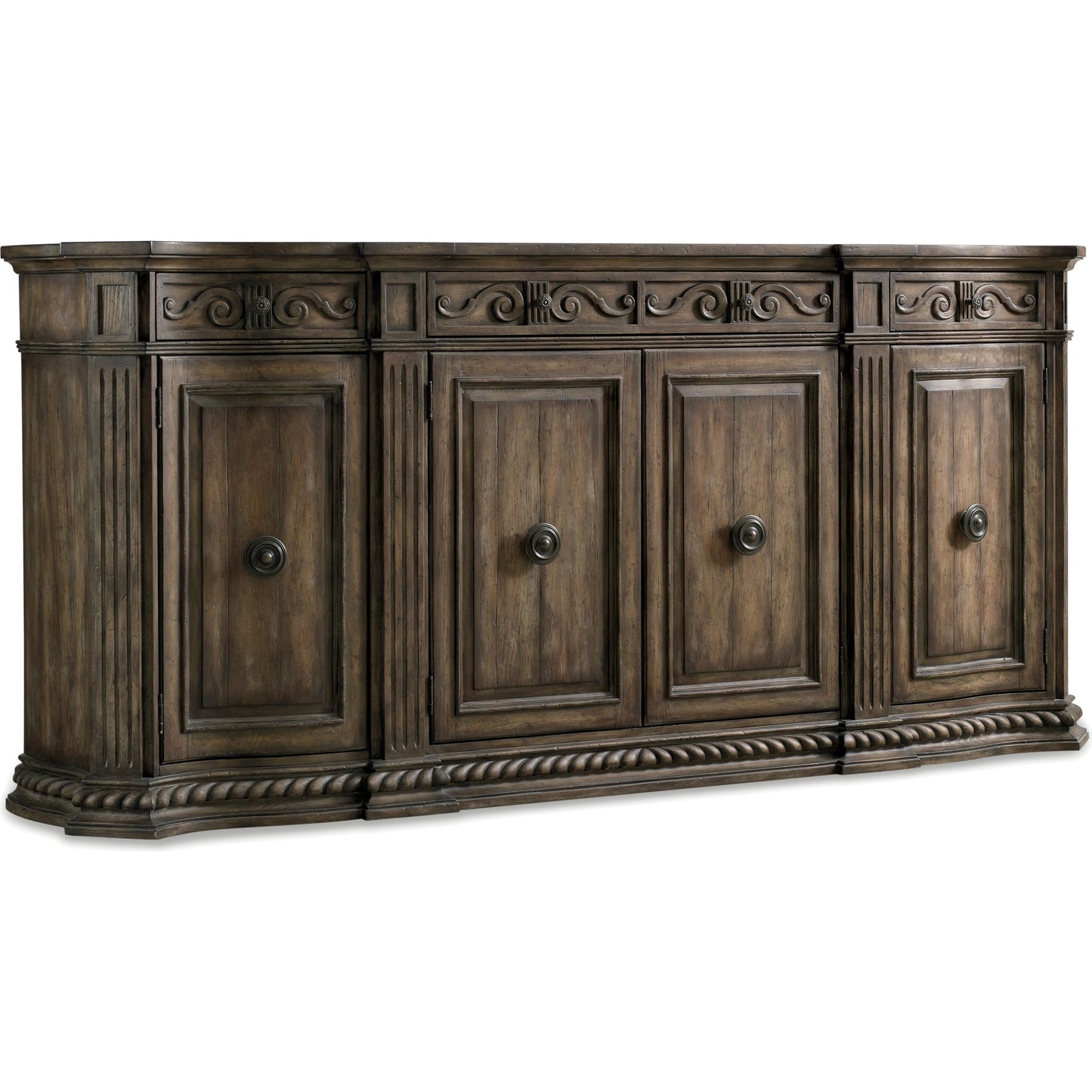 001 SI-1749457 | Primary Silo | Rhapsody Credenza by Hooker Furniture in rustic walnut. Made from pecan, hickory, ash, black walnut, maple veneers with resin in a traditional style.
