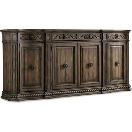 Rhapsody Credenza by Hooker Furniture in rustic walnut. Made from pecan, hickory, ash, black walnut, maple veneers with resin in a traditional style.