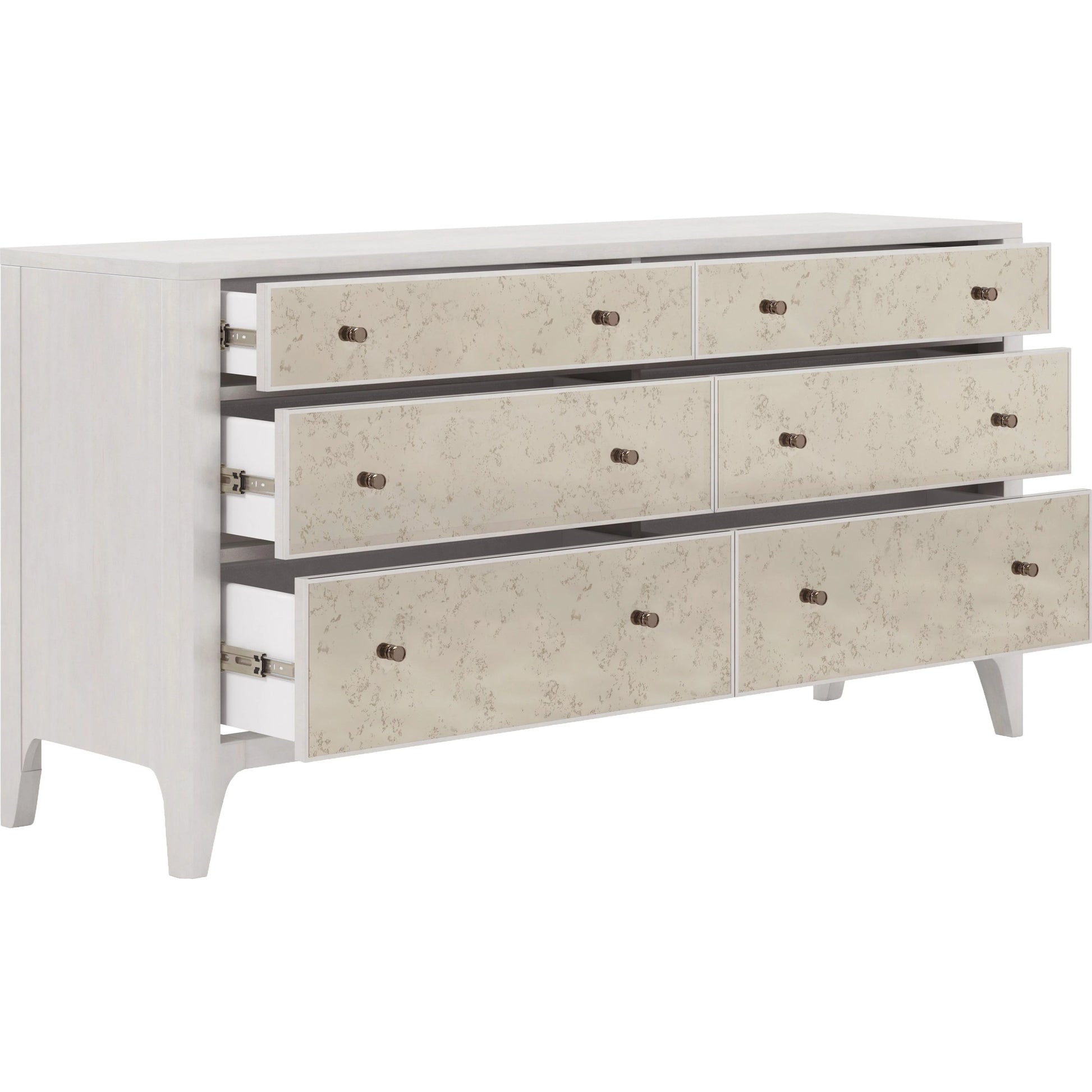 Mezzanine 6 Drawer Mirrored Dresser by A.R.T. Furniture in dove gray. Made from parawood, poplar solids, maple veneer, mirror in a modern style.