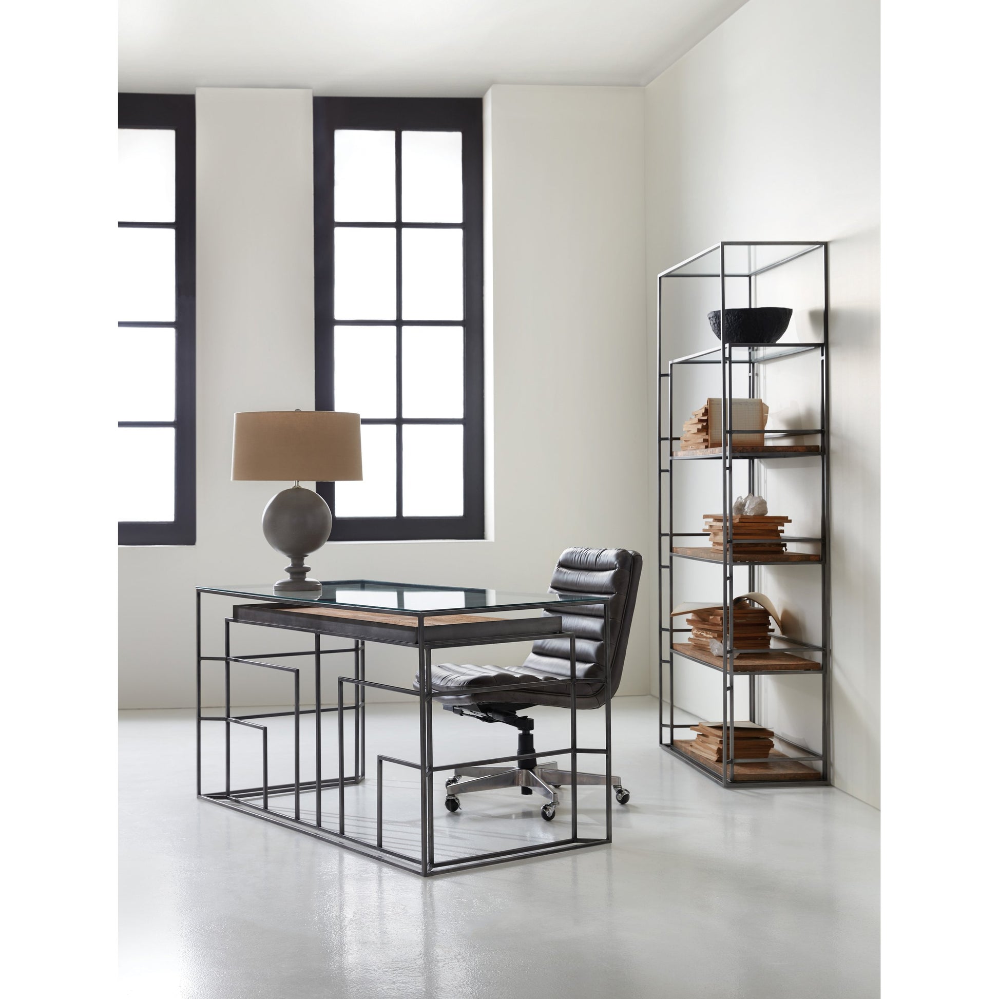 Wyatt Executive Chair by Hooker Furniture in grey and memento medal. Made from leather in a transitional style.
