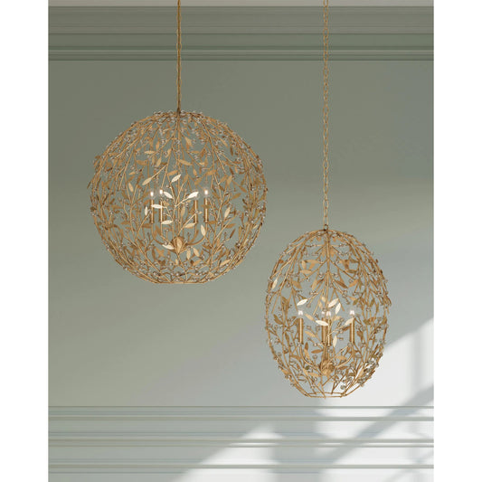 Secret Garden Orb Chandelier by Currey and Company in clear, contemporary gold leaf, contemporary gold. Made from crystal, wrought iron in a unique style.