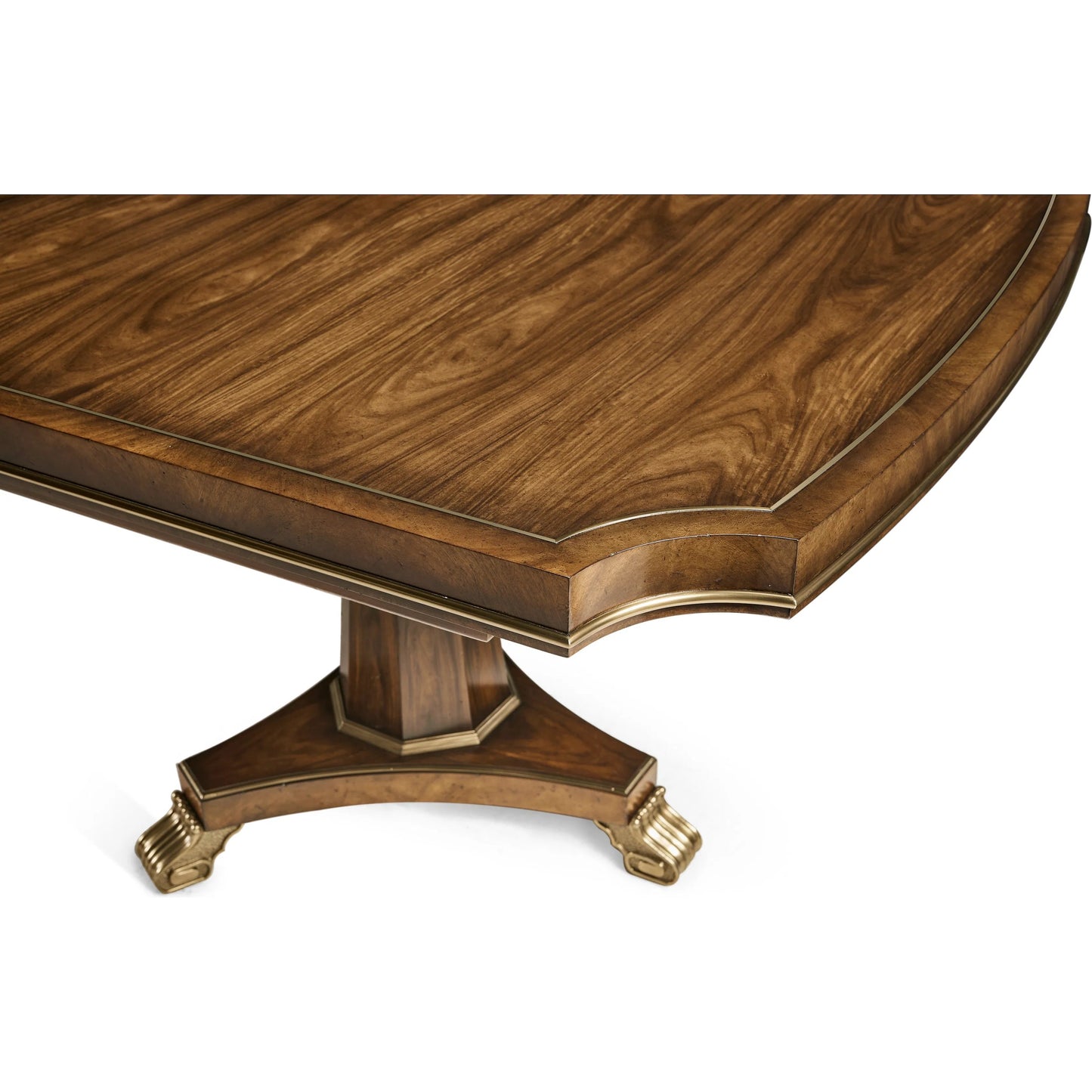 009 SI-2446832 | Closeup | Viceroy Rectangular Dining Table by Jonathan Charles in viceroy brown santos. Made from local mahogany, brass, santos rosewood crown veneer in a traditional style.