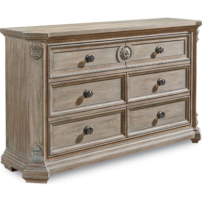 Arch Salvage Grayson Dresser by A.R.T. Furniture in brown and parch. Made from parrawood solids, cathedral elm veneers in a traditional style.