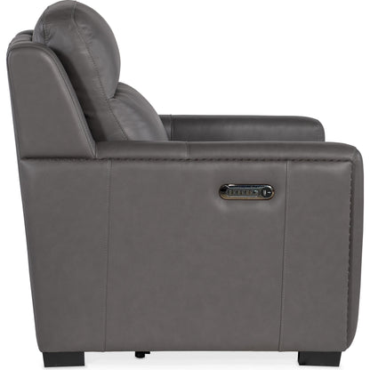McKinley Power Recliner by Hooker Furniture in candid spice and dark wood. Made from leather in a traditional style.