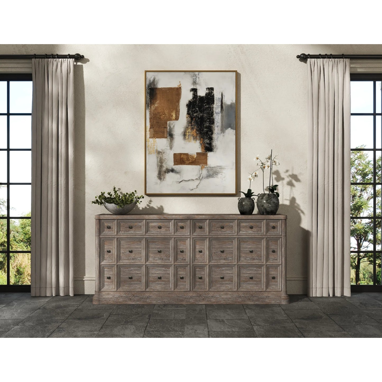 004 SI-2356199 | Lifestyle | Reforma Credenza by A.R.T. Furniture in tapenade, gunmetal. Made from parawood solids, random match flaky oak veneers, metal in a traditional style.