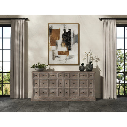 Reforma Credenza by A.R.T. Furniture in tapenade, gunmetal. Made from parawood solids, random match flaky oak veneers, metal in a traditional style.