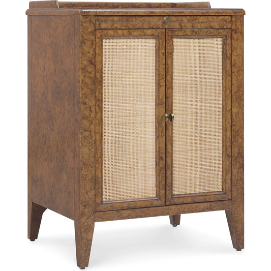 Archives Two-Door Nightstand by Hooker Furniture in medium wood and mottled amber. Made from birch veneers, cane in a rustic style.
