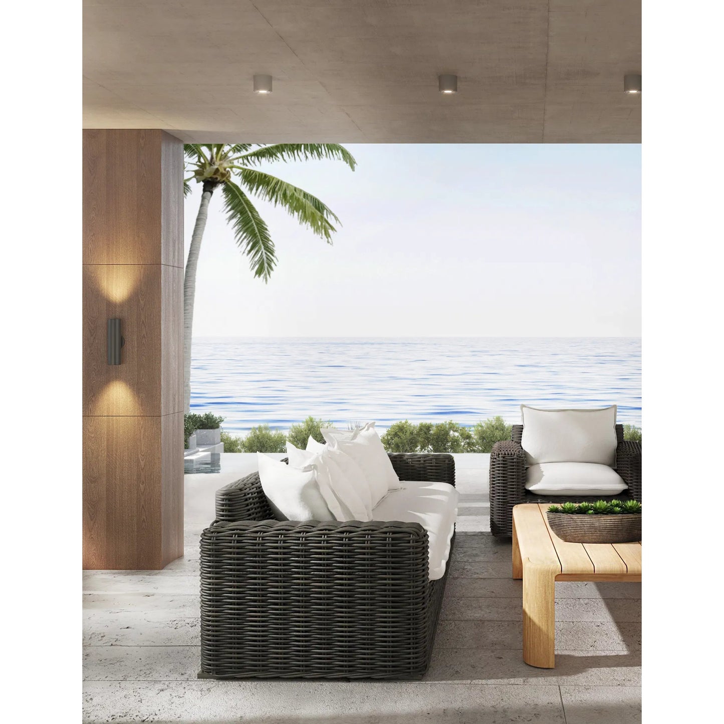 006 SI-2318700 | Lifestyle | Cabo Outdoor Sofa by Sunset West in dark wood. Made from resin wicker in a rustic style.