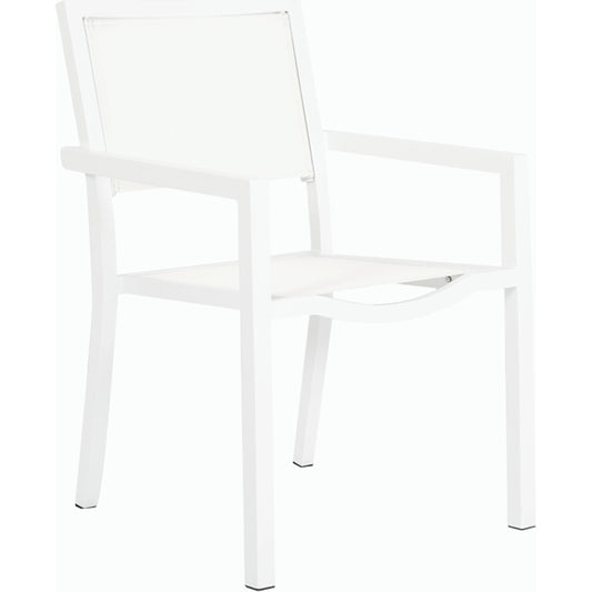 Naples Outdoor Stackable Sling Dining Chair by Sunset West in white. Made from aluminum in a modern style.