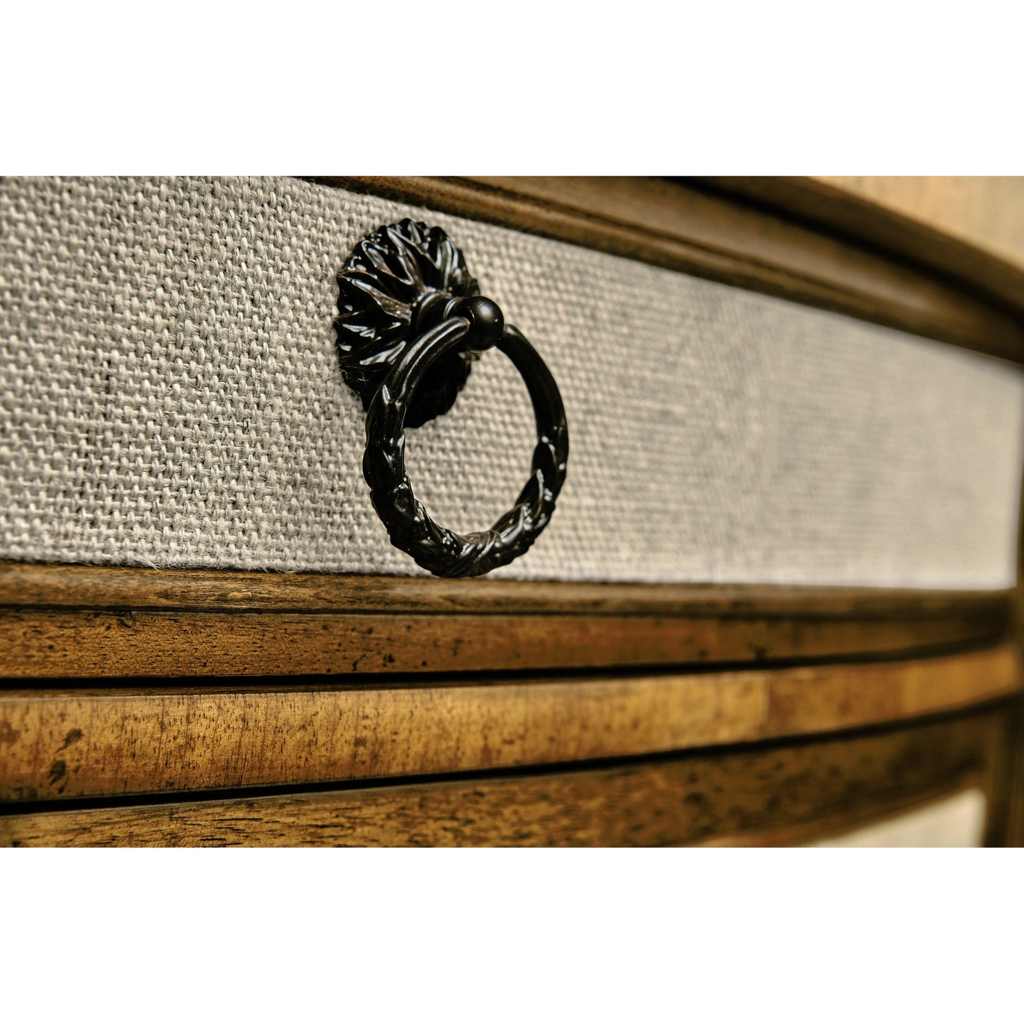 002 SI-2186366 | Closeup | Reimagined Inductance Demilune by Jonathan Charles in fruitwood, performance linen. Made from acacia, foam, fabric in a transitional style.