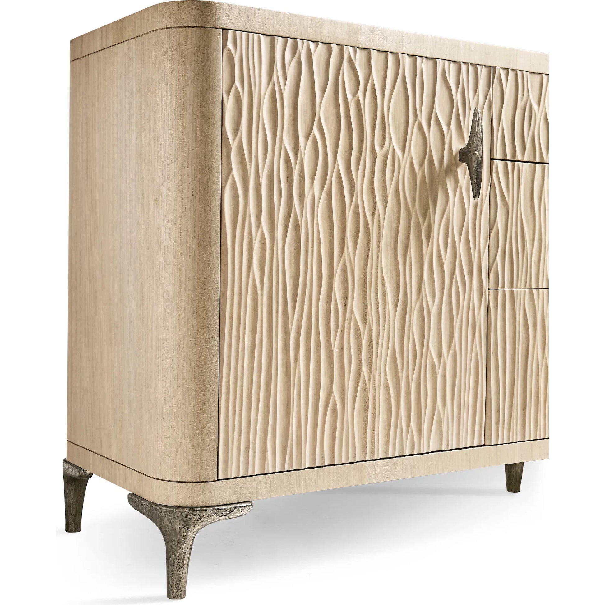 Water Breaker Mixed Media Credenza by Jonathan Charles in beige and ash blonde. Made from dyed koto veneer, bone, leather, metal in a transitional style.
