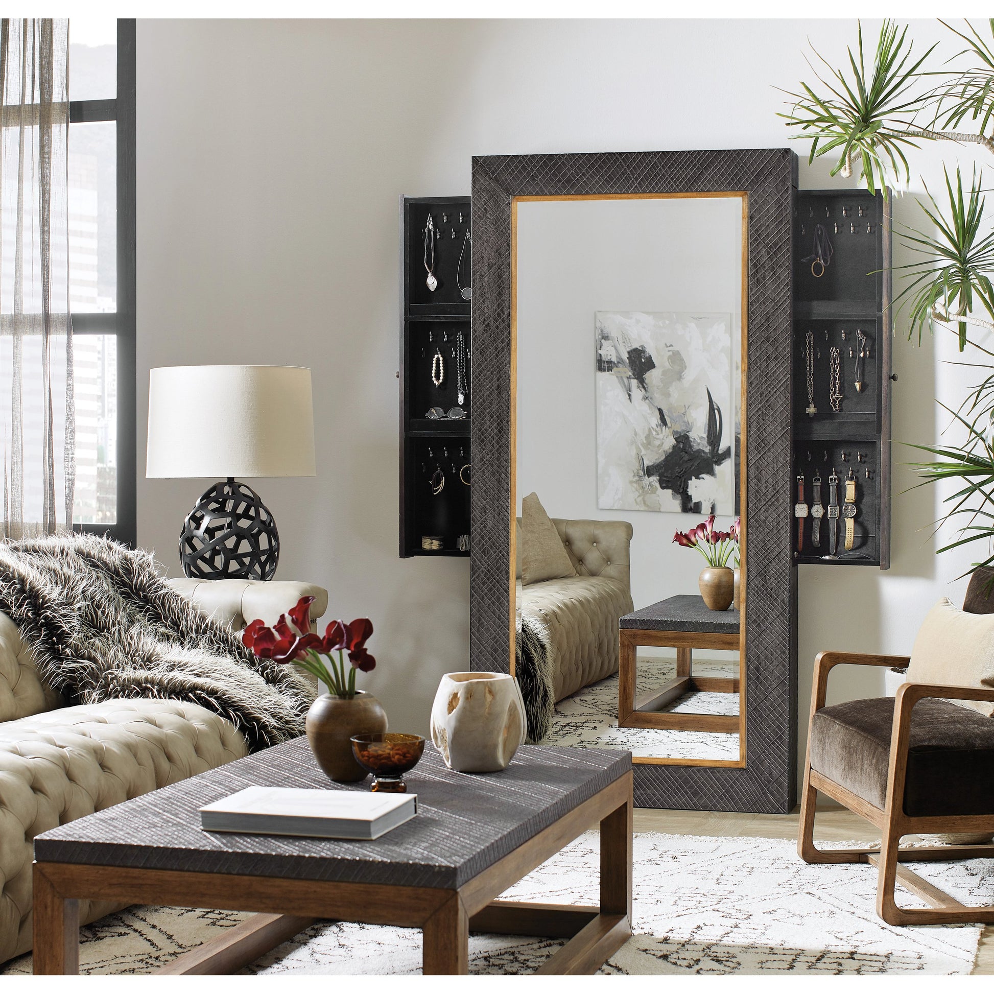 Big Sky Floor Mirror by Hooker Furniture in furrowed bark. Made from wood, resin, mirror, felt in a modern style.