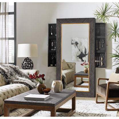 Big Sky Floor Mirror by Hooker Furniture in furrowed bark. Made from wood, resin, mirror, felt in a modern style.