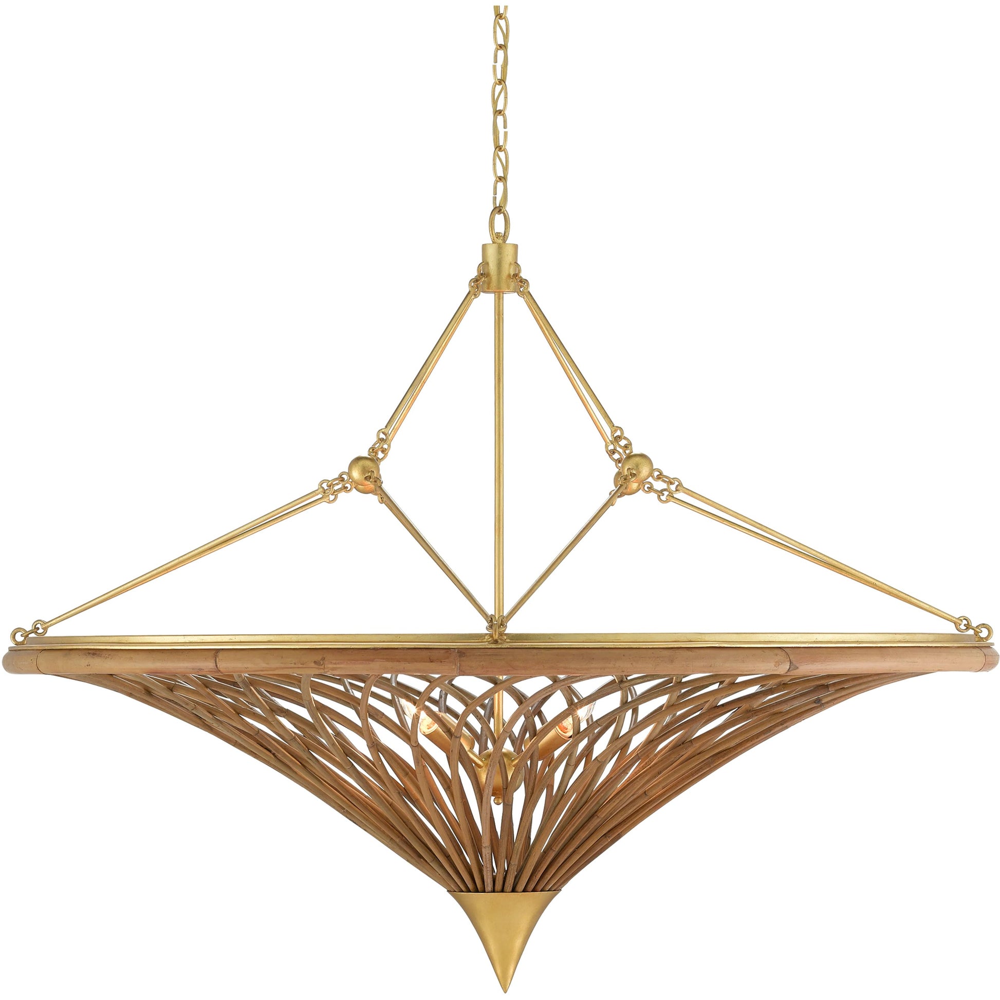 Gaborone Chandelier by Currey and Company in natural, contemporary gold leaf. Made from rattan, wrought iron in a modern style.