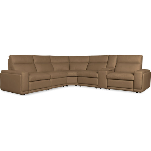 Simone Six-Piece Power Reclining Sectional by Hooker Furniture in brown. Made from semi-aniline top grain leather, leather in a unique style.