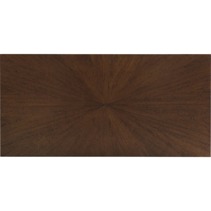 Archives Executive Desk by Hooker Furniture in classic walnut, walnut veneers. Made from leather, hair on hide leather, figured walnut veneers in a traditional style.