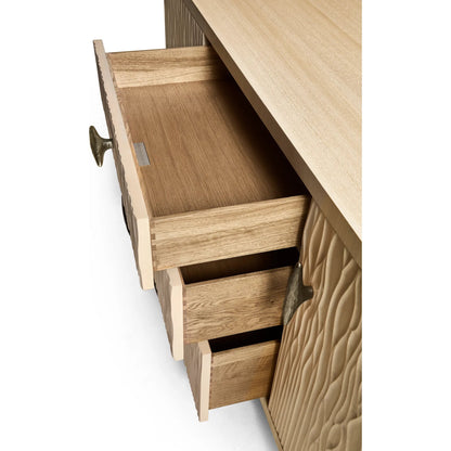 Water Breaker Mixed Media Credenza by Jonathan Charles in beige and ash blonde. Made from dyed koto veneer, bone, leather, metal in a transitional style.