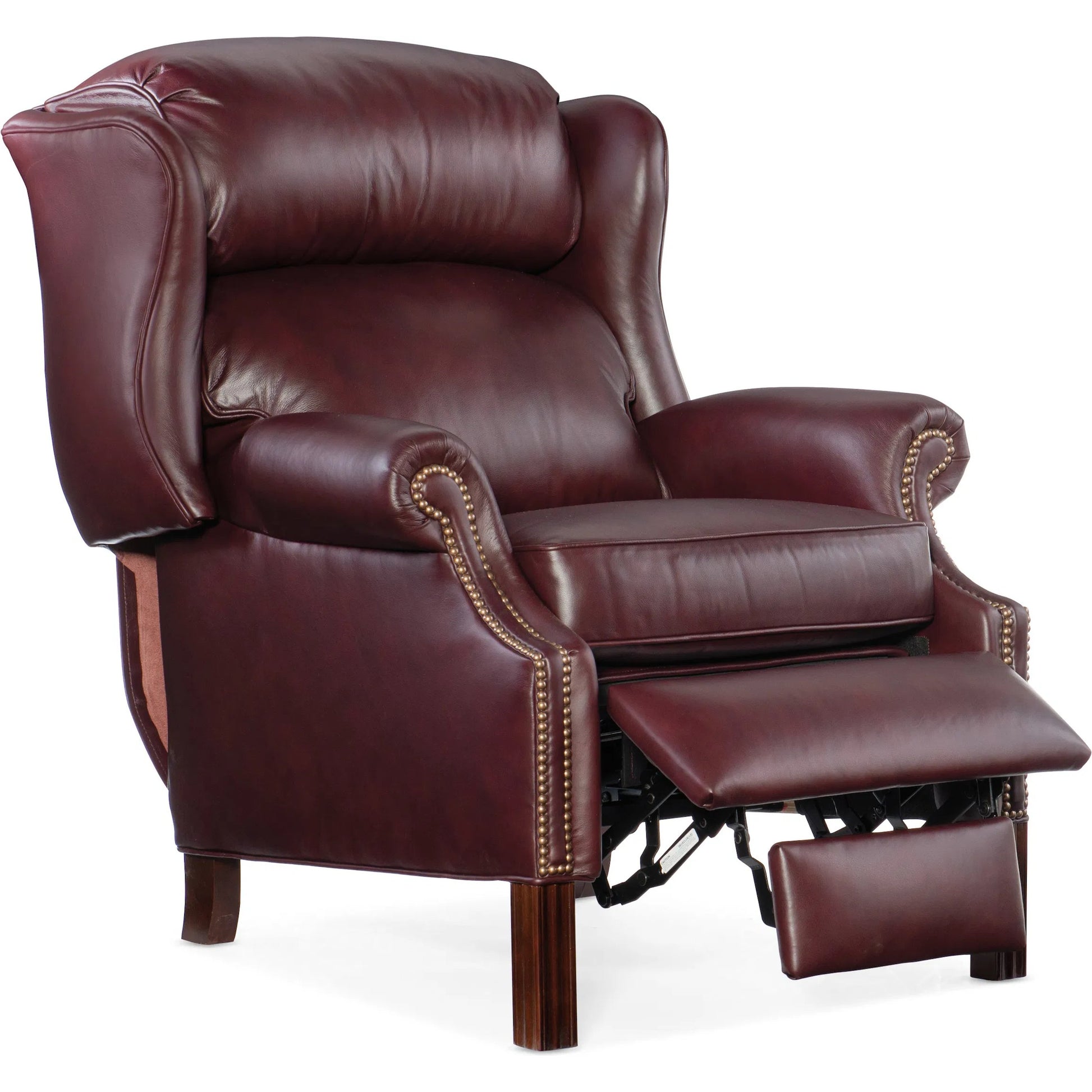 Chippendale Reclining Wing Chair by Bradington-Young by Hooker Furniture in mahogany finish, french natural nails. Made from 100% leather in a unique style.