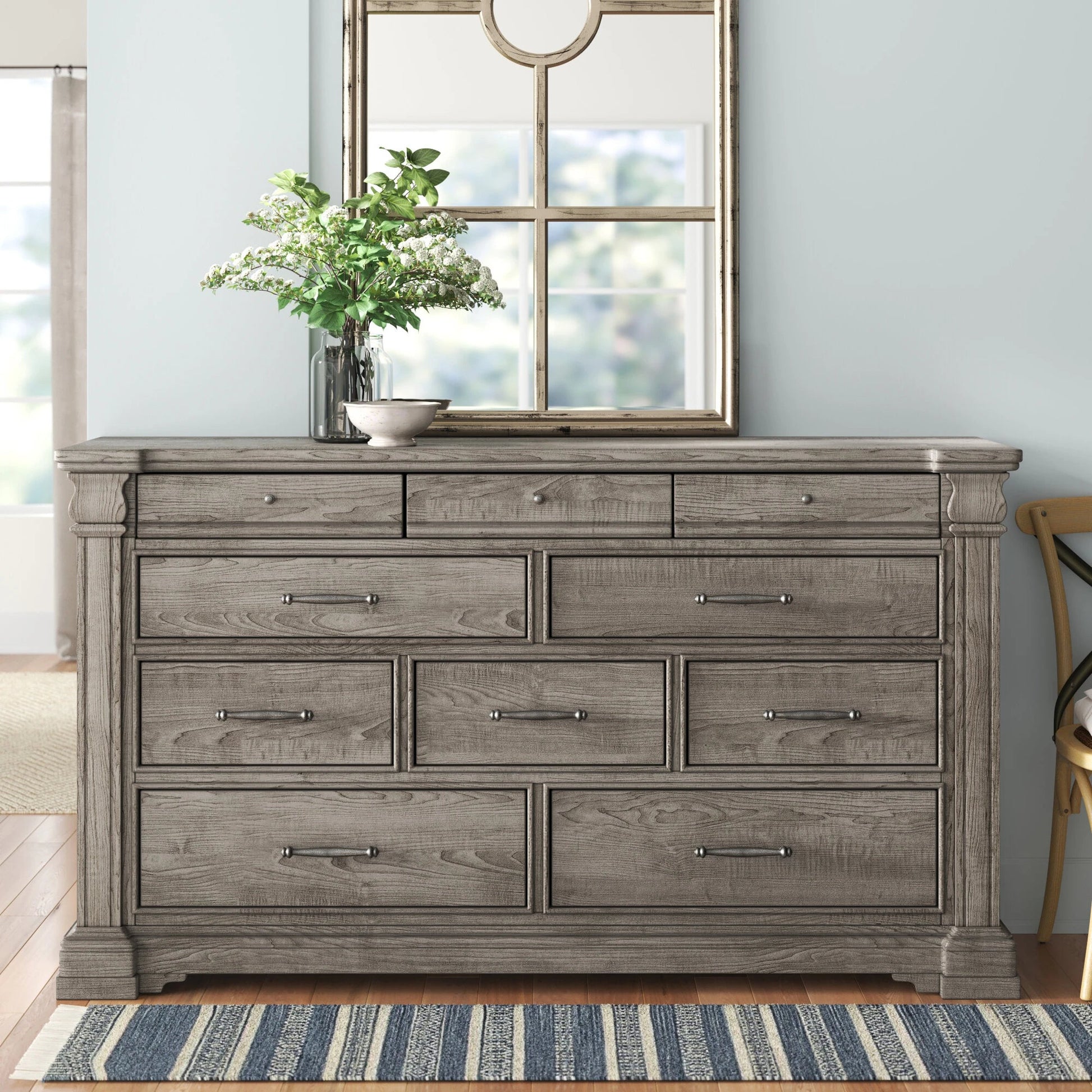 Madison Ridge Dresser by Pulaski Furniture in bluff grey. Made from asian hardwood, oak veneers in a traditional style.