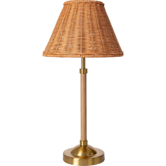 Xander Accent Table Lamp by Livabliss in body: wood, base: gold, shade (outside): tan, shade (inside): cream, cord: translucent and brushed wood finish. Made from body: metal, base: metal, shade (outside): rattan, shade (