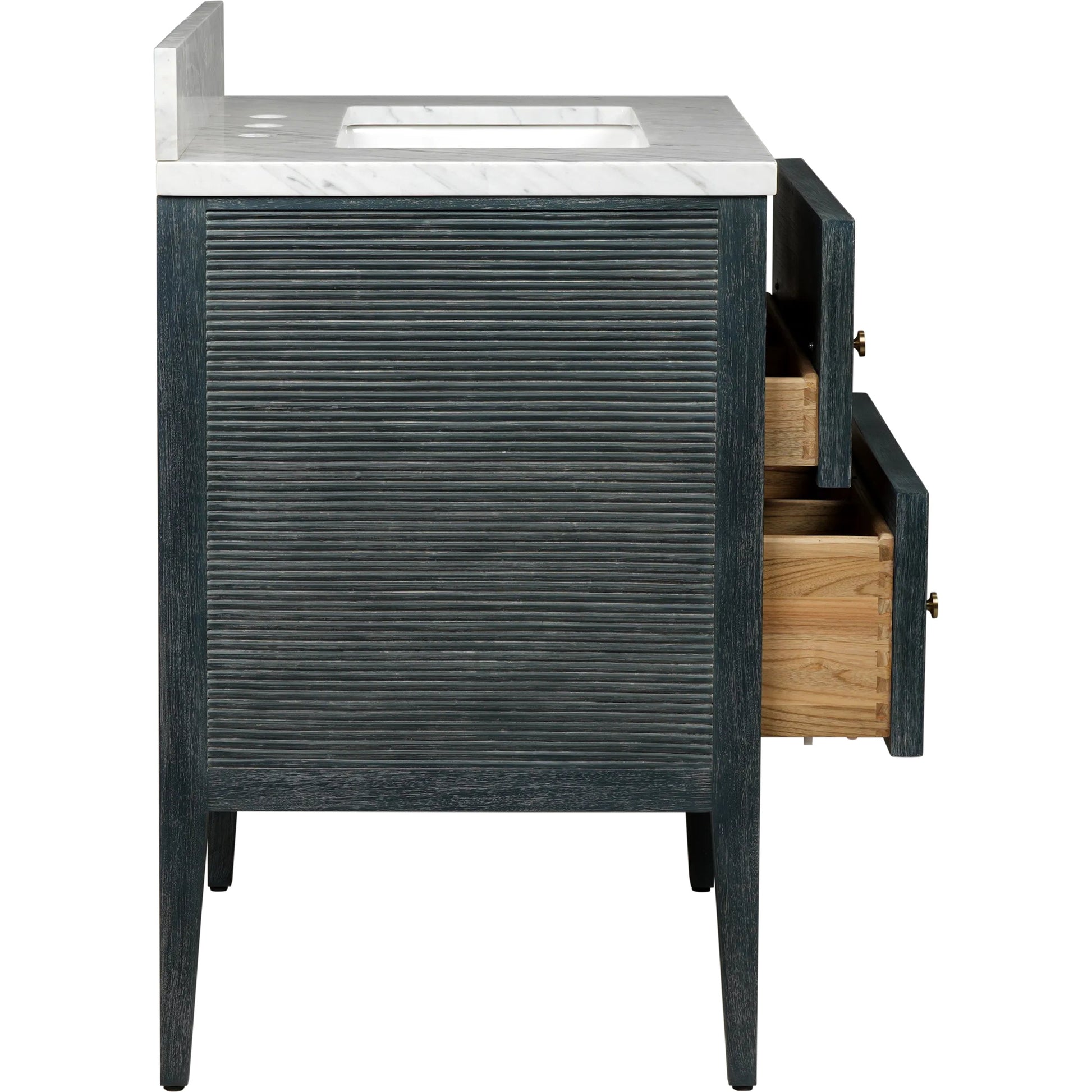 Santos 28" Vanity with Undermount Sink by Currey and Company. Made from rattan, mahogany, carrara marble, vitreous china, sungkai wood, brass in a unique style.