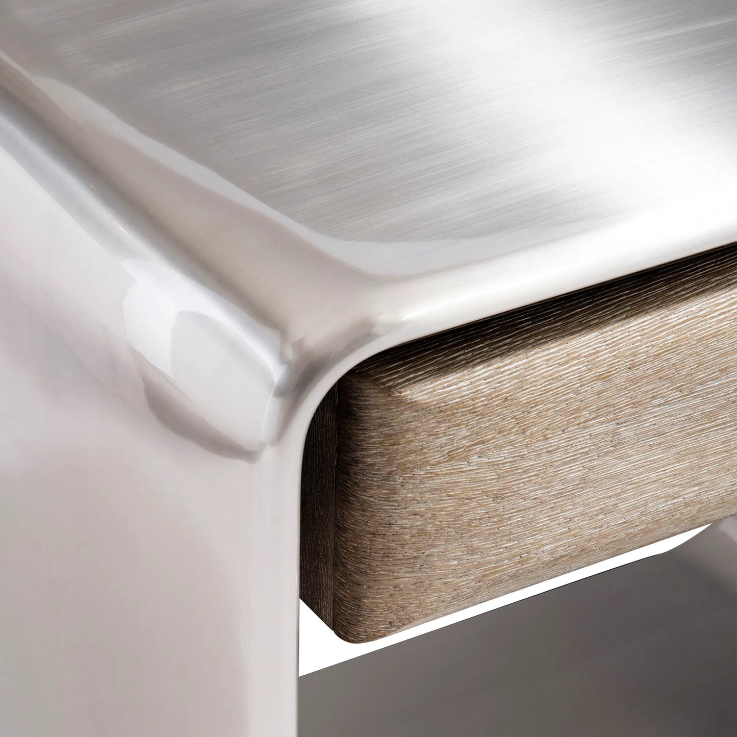 006 SI-2513397 | Closeup | Lomond Nightstand by Bernhardt in tarnished nickel, trevin. Made from metal, wood in a modern style.