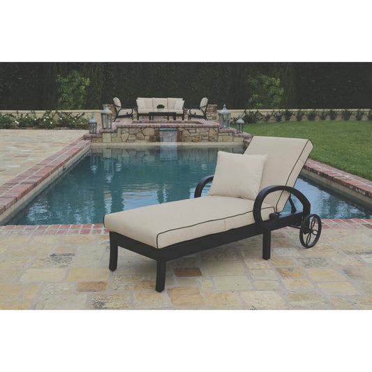 Monterey Outdoor Chaise Lounge in Linen Stone w/ Selt Welt by Sunset West in coppers. Made from aluminum in a unique style.