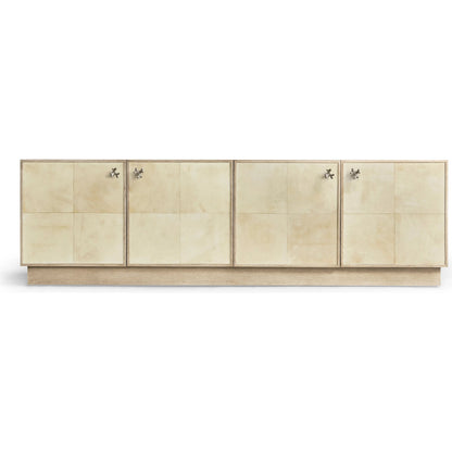 Hydra Entertainment Console by Jonathan Charles in parchment oak. Made from oak, oak veneer, brass, vellum in a transitional style.