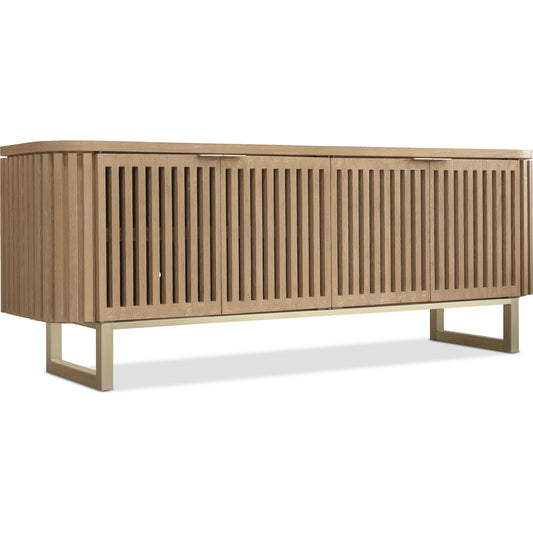 Commerce and Market Easton Entertainment Console by Hooker Furniture in light wood and desert oak. Made from white oak solids, oak veneers in a unique style.