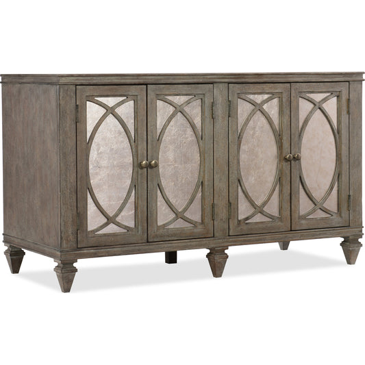 Rustic Glam Credenza by Hooker Furniture in soft white oak. Made from quartered white oak veneers, glass in a transitional style.