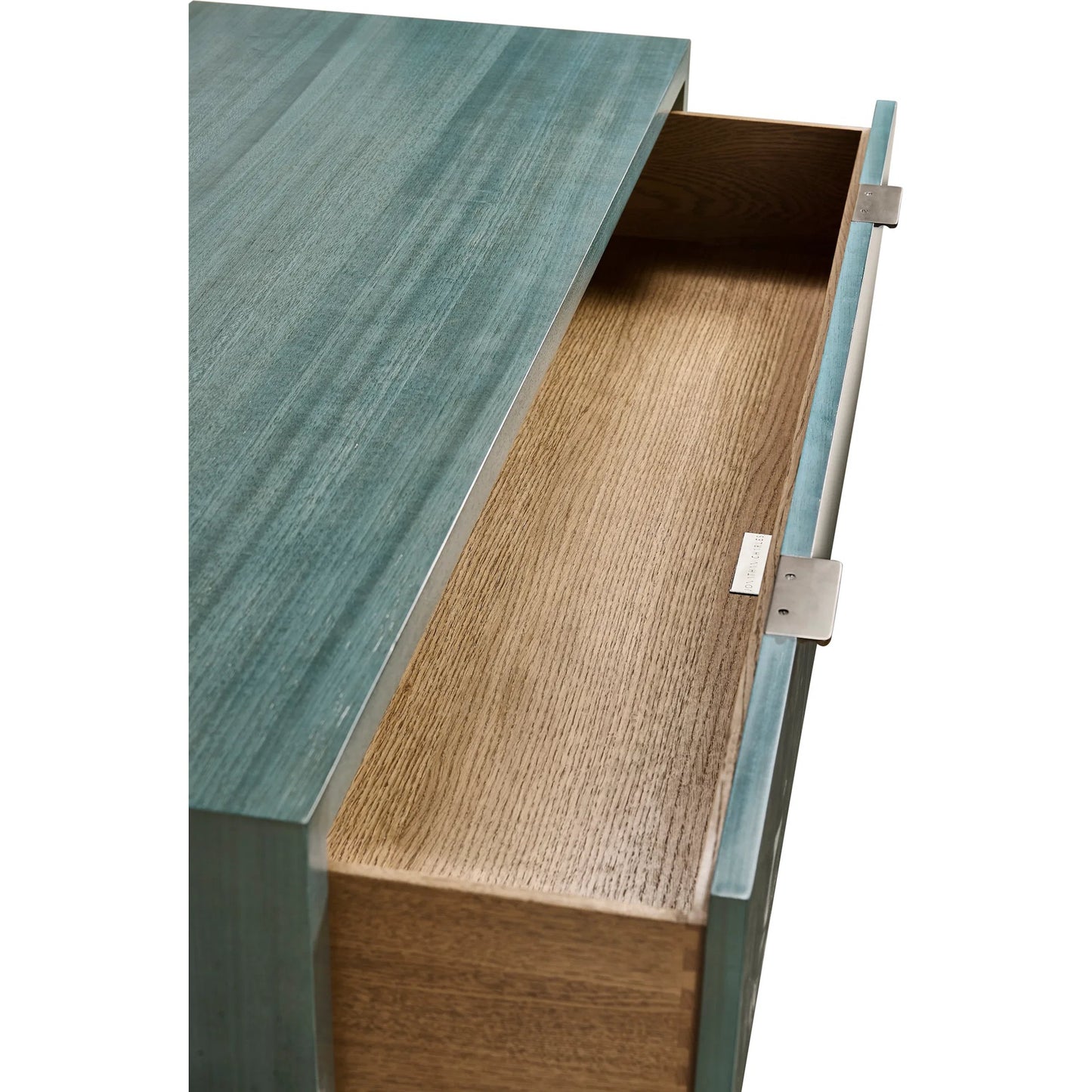 008 SI-2252660 | Closeup | Seaglass Bunching Chest by Jonathan Charles in blue and blue straw. Made from koto veneer, stainless steel, straw in a eclectic & global style.
