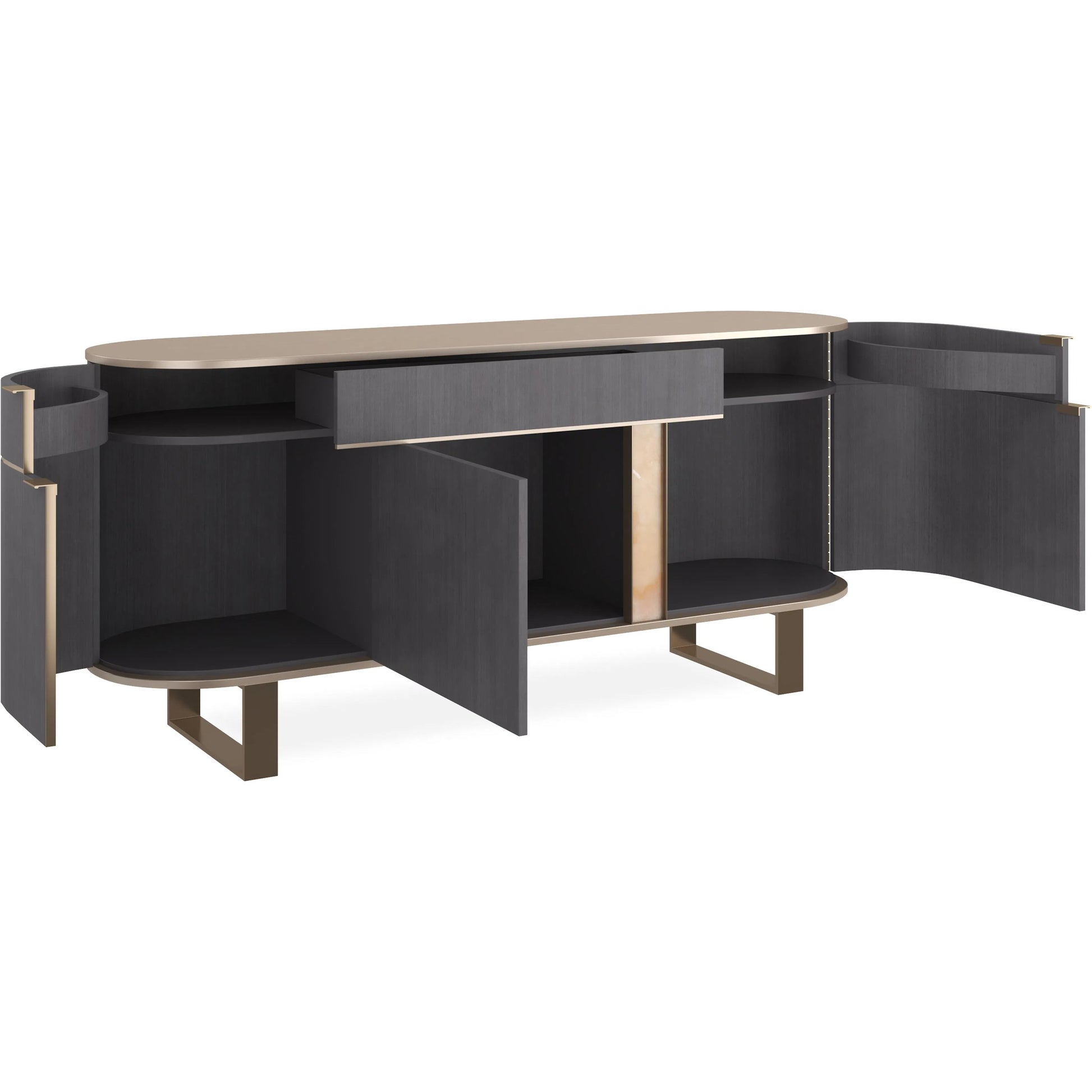 Piet Sideboard by Caracole in zinc, brushed gold paint, brushed gold. Made from asian hardwood in a modern style.