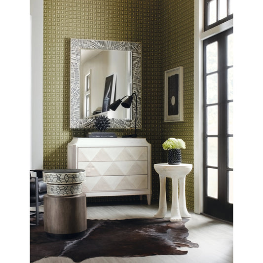 Commerce and Market Vector Round Side Table by Hooker Furniture in dark wood, black & white bone inlay. Made from mango solids, bone, iron in a modern style.