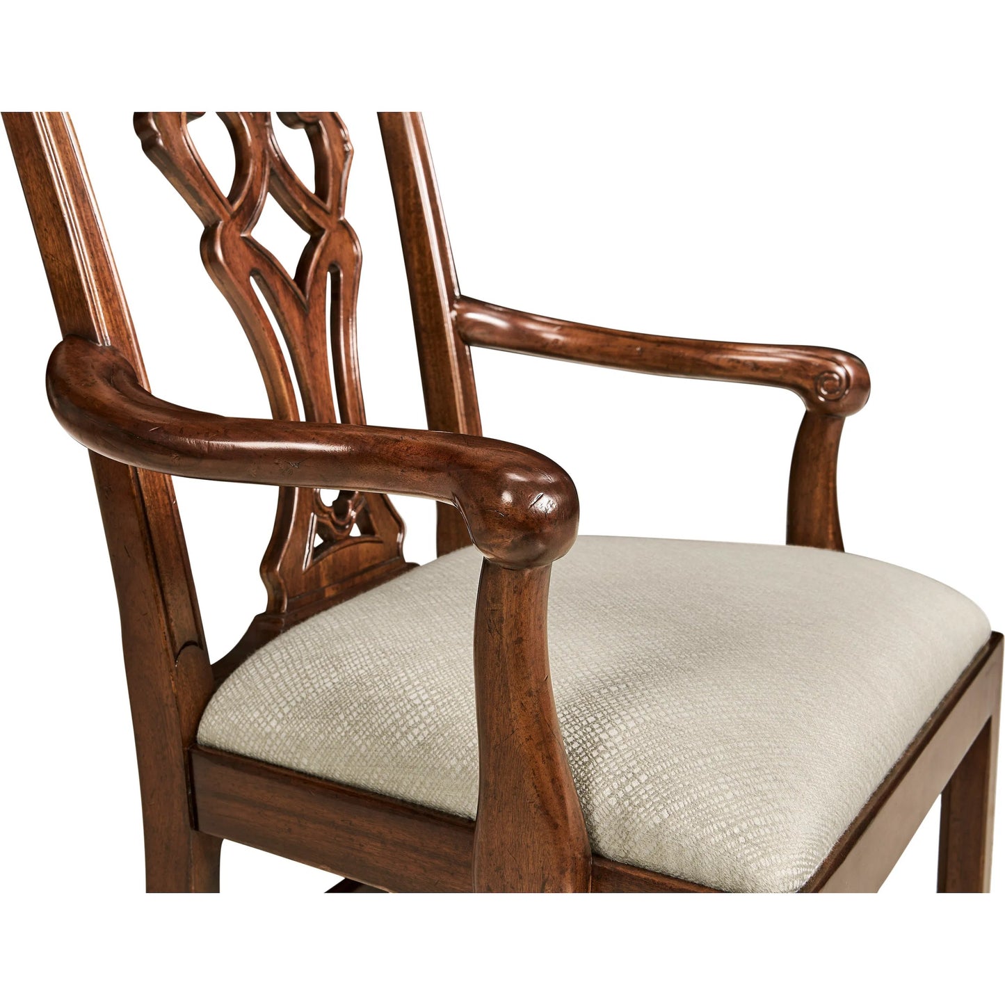 007 SI-2334492 | Closeup | Buckingham Chippendale Antique Mahogany Arm Chair by Jonathan Charles in skipper and medium antique mahogany. Made from acacia, fabric in a traditional style.