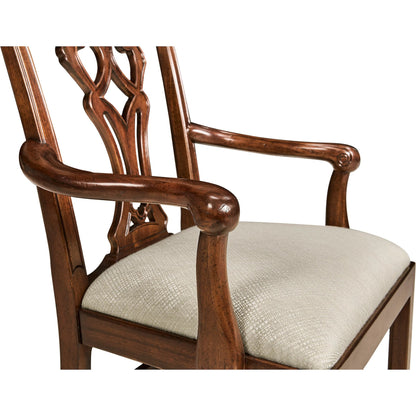 Buckingham Chippendale Antique Mahogany Arm Chair by Jonathan Charles in skipper and medium antique mahogany. Made from acacia, fabric in a traditional style.