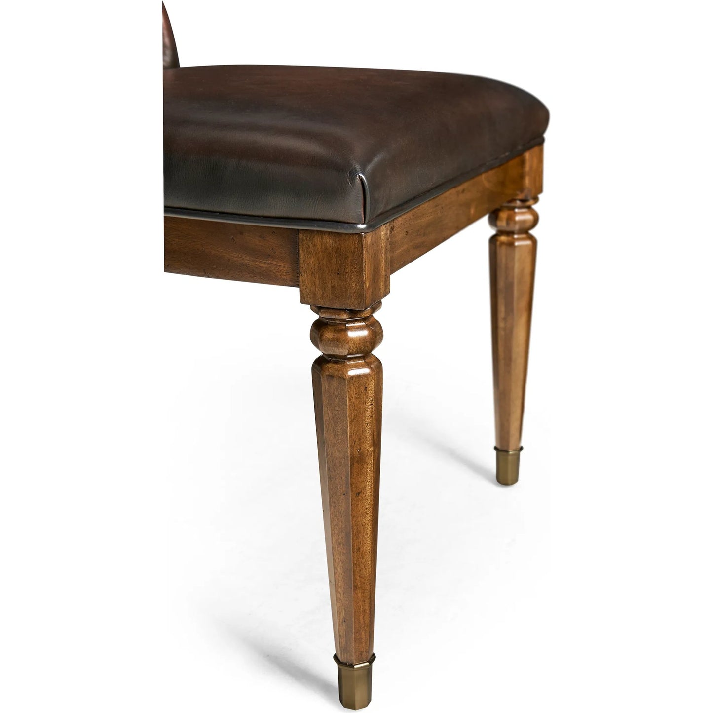 010 SI-2446833 | Closeup | Viceroy Side Chair by Jonathan Charles in viceroy brown santos. Made from local mahogany, leather, brass in a traditional style.