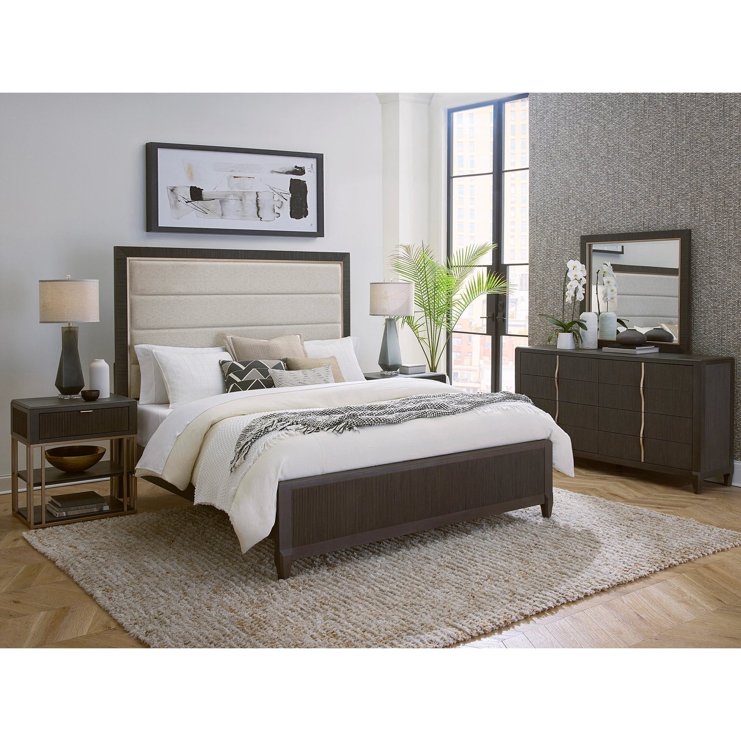 008 SI-2143480,SI-2143481,SI-2143482 | Lifestyle | West End Loft Upholstered Bed by Pulaski Furniture in tuxedo. Made from rubberwood in a modern style.