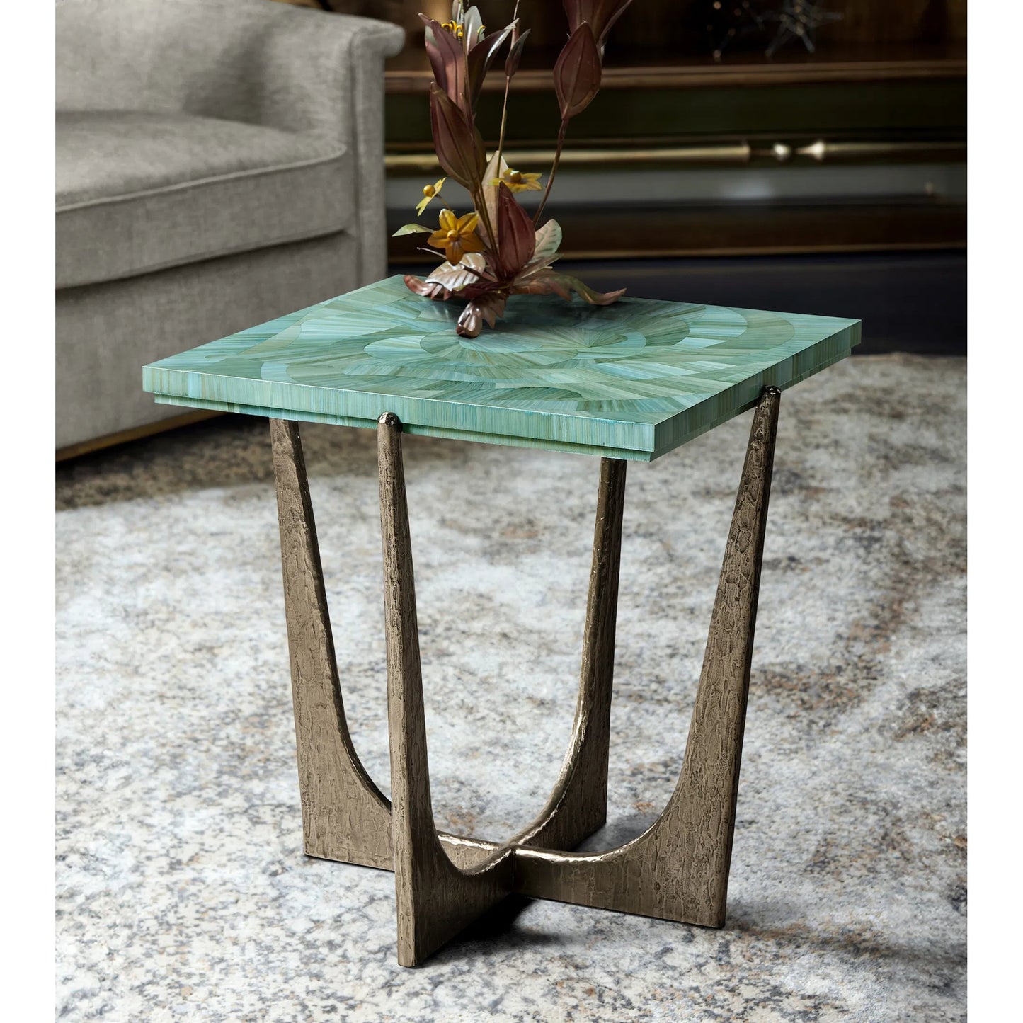 011 SI-2252662 | Lifestyle | Seaglass End Table by Jonathan Charles in blue and blue straw. Made from stainless steel, plywood, straw in a eclectic & global style.