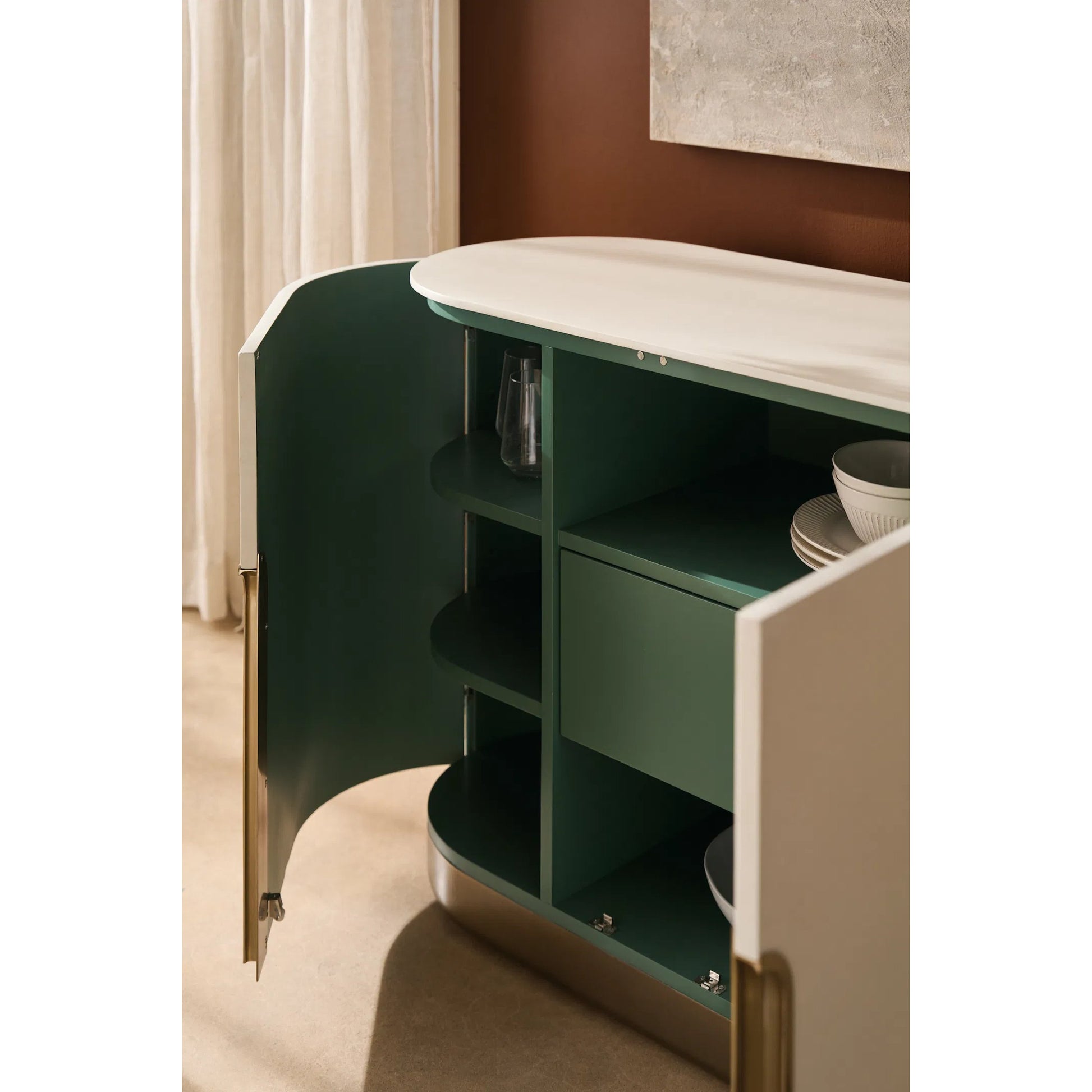 Tangier Sideboard by Caracole in burnished adobe, lucent bronze metallic paint. Made from asian hardwood, birch in a transitional style.